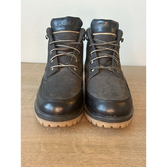 FUBO Vintage Men's 6.5 Women 8.5 Black Leather Ankle Boots Chunky Sole Steel Toe - Picture 2 of 10